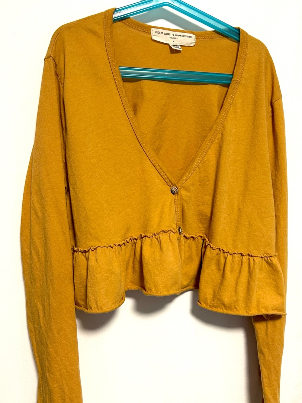 Project Social T - Urban Outfitters - Cropped Ruffle-Hem Cardigan Mustard Yellow